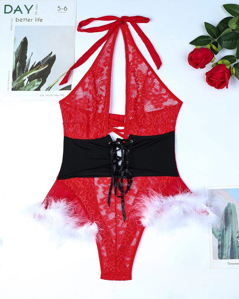 Floral Lace Fuzzy Trim Christmas Bodysuit