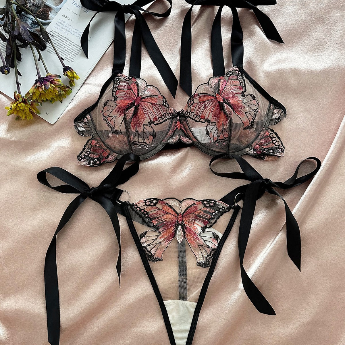 Butterfly Mesh Embroidery See-through Sexy Lingerie Set
