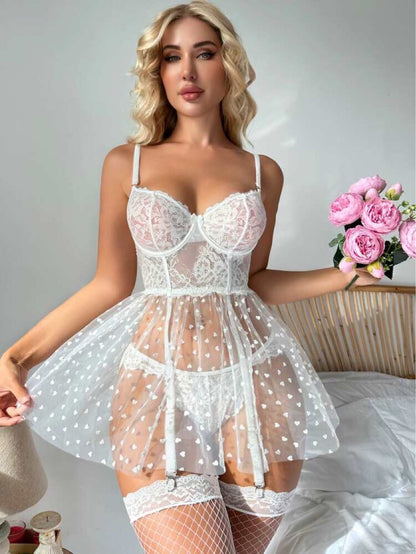 Sheer Heart Print Teddy Dress with Garter Straps