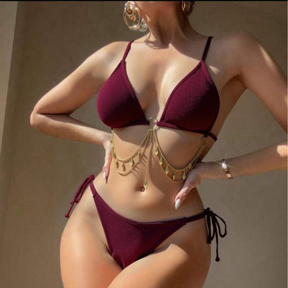Bikini Set with Metal Ring & Tassel Chain Belt
