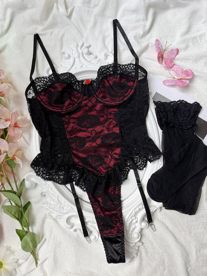 Halloween French Color Matching Lace Underwear Garter Stockings Set