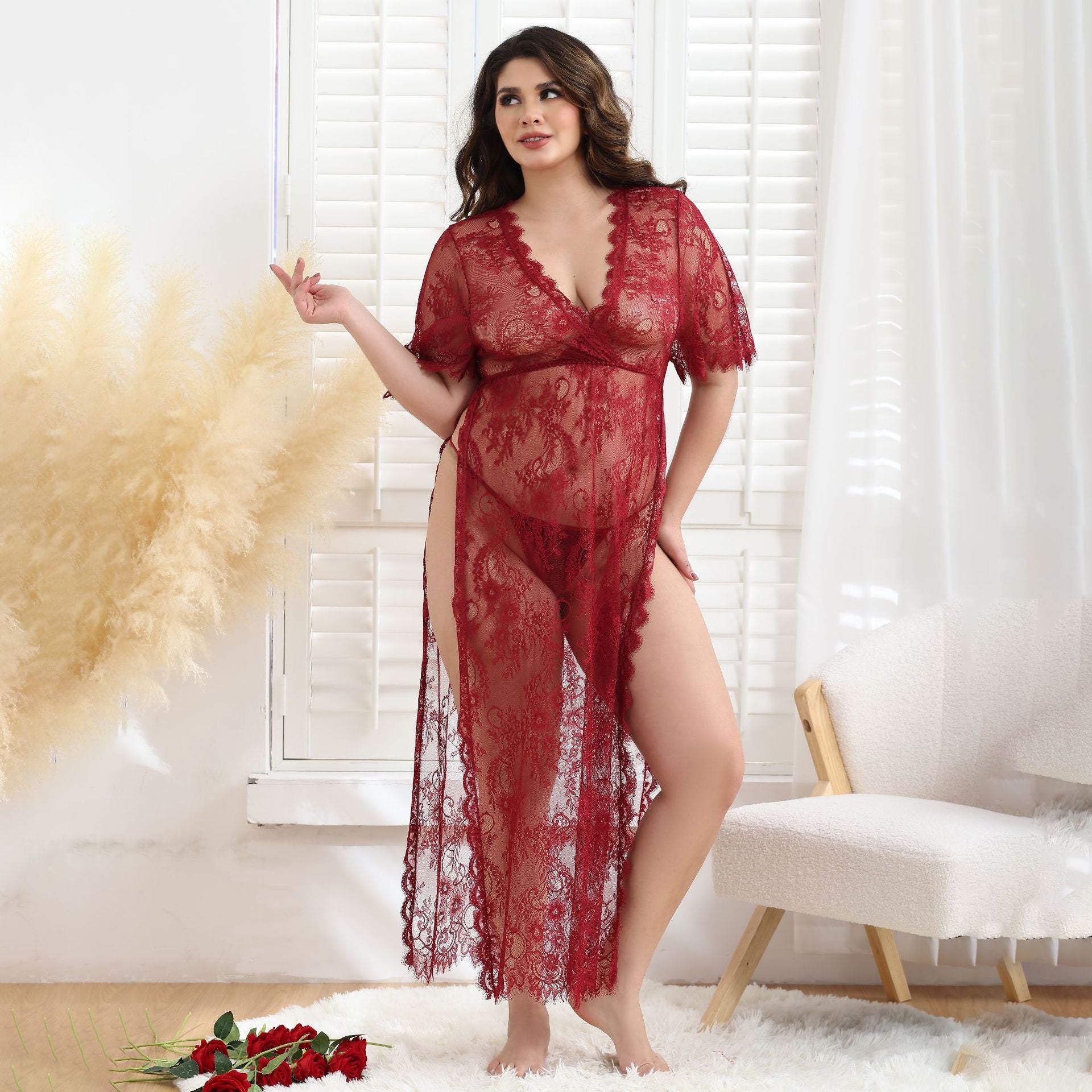 Lace Mesh See-through Sexy Big Dress Sexy Long-Sleeved Suit