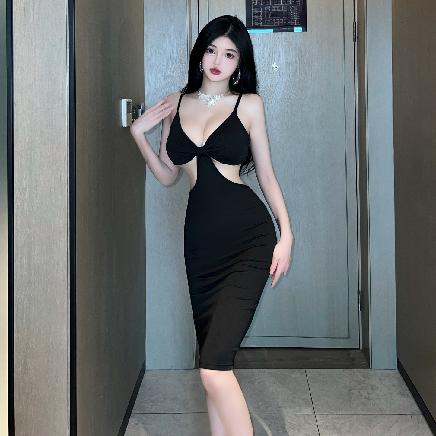 Spaghetti Strap Deep Plunging Cutout Bodycon Dress