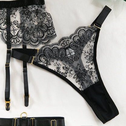 Sexy Lingerie 5-Piece Ensemble Floral Black Lace Garter Belt with Stocking Clips