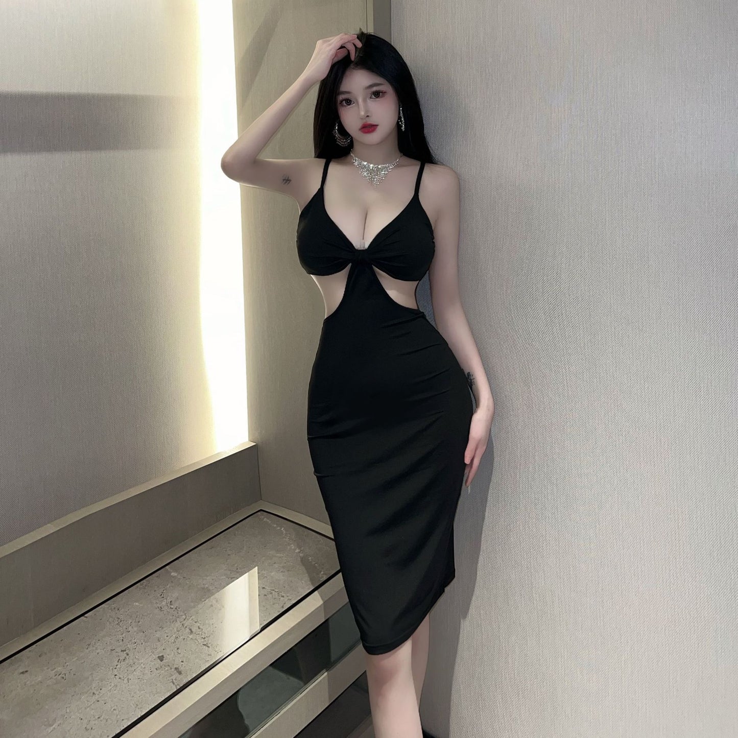 Spaghetti Strap Deep Plunging Cutout Bodycon Dress