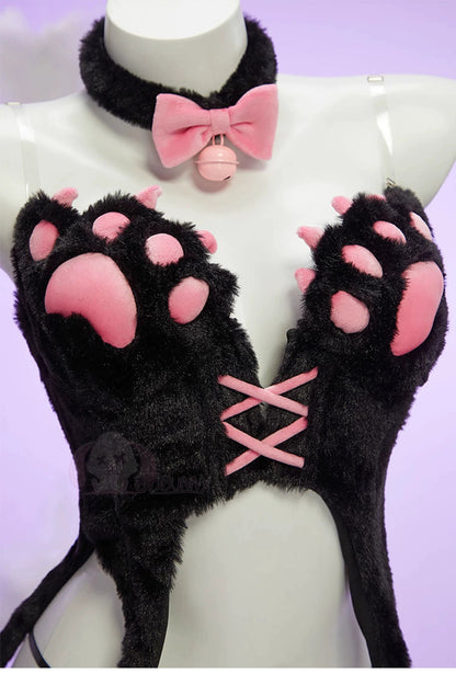 Cat Bunny Cosplay Lingerie Set Black Plush 2 Piece Top & Panties with Paw Print Tail