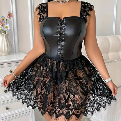 Gothic Lace Mini Dress with Square Neck Leather Lace Up Corset Dress