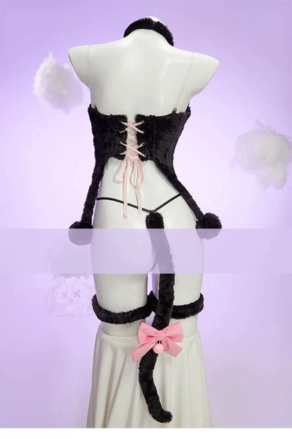 Cat Bunny Cosplay Lingerie Set Black Plush 2 Piece Top & Panties with Paw Print Tail