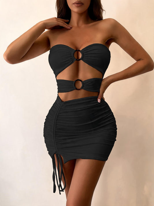 Strapless Mini Dress Ring Cutout Ruched Drawstring Bodycon