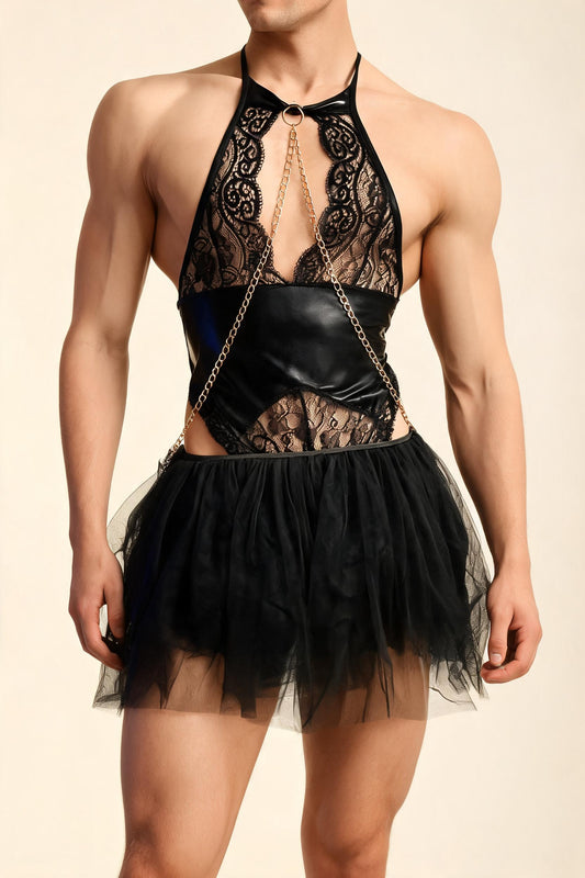 Men's Halter PU Leather & Lace Bodysuit with Metal Chain